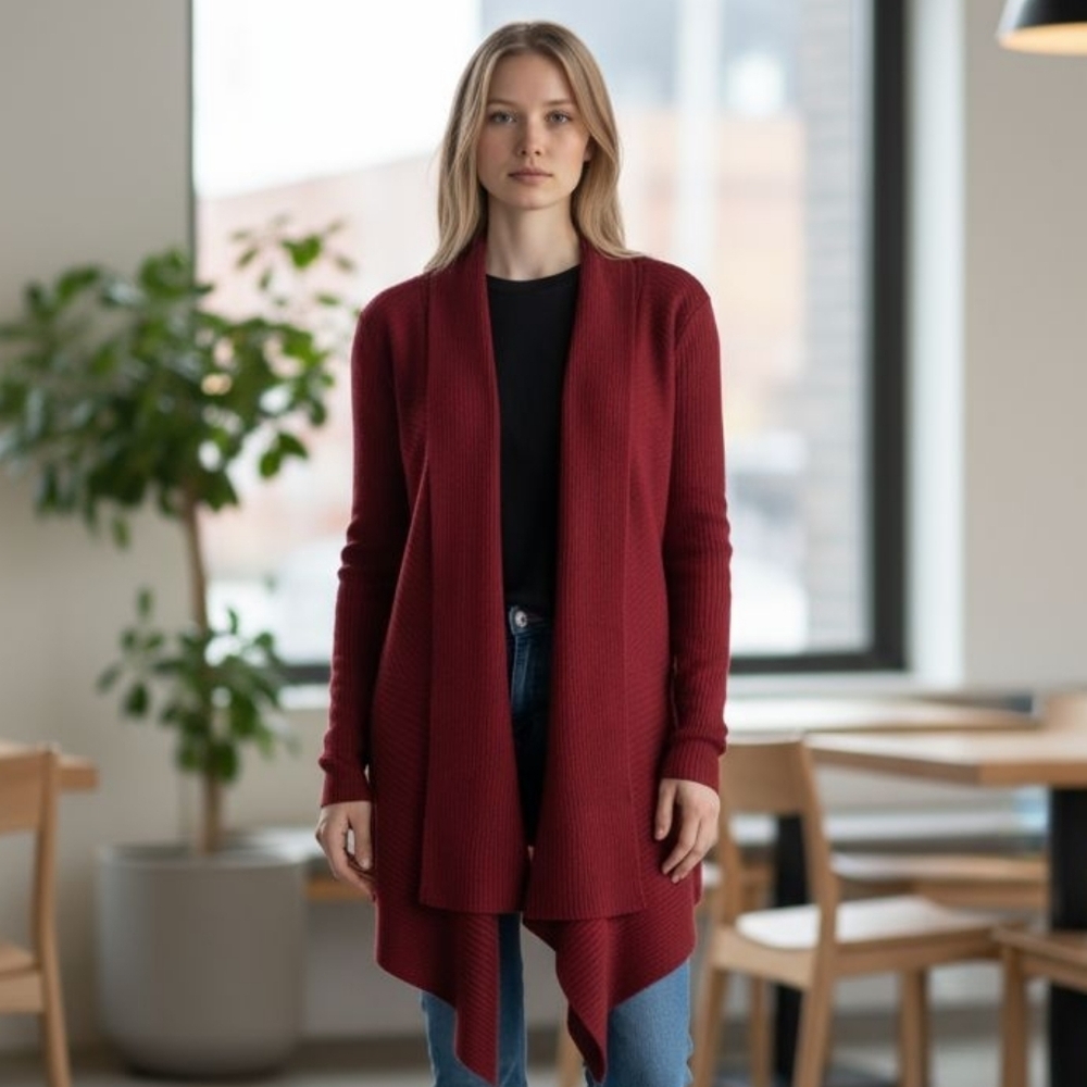 White House Black Market open front wine red drape cardigan sz medium